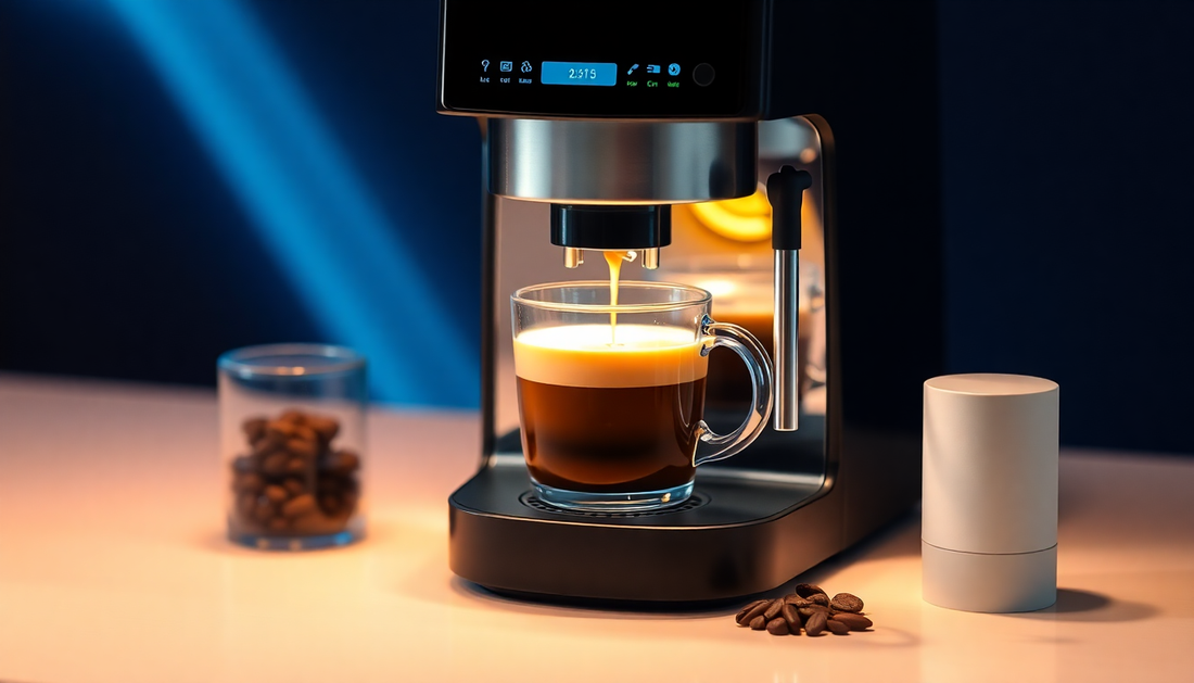 A smart coffee machine brewing coffee with AI interface