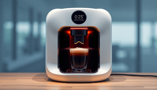 A futuristic smart coffee machine brewing personalized coffee