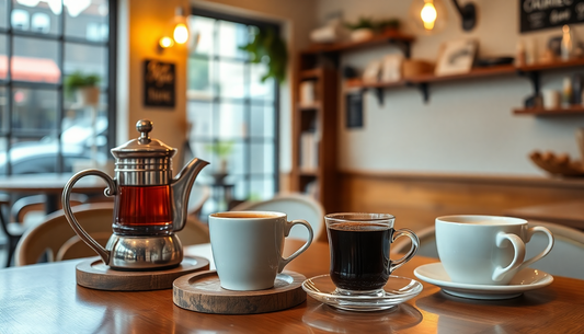 Freshly brewed coffee, premium tea pot, and hot chocolate cups in a cozy cafe setting.