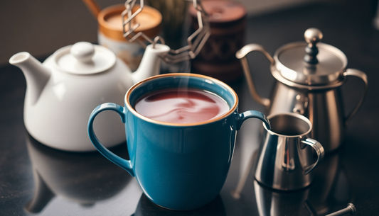 A steaming cup of tea with brewing accessories