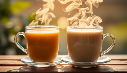 A steaming cup of tea and coffee side by side