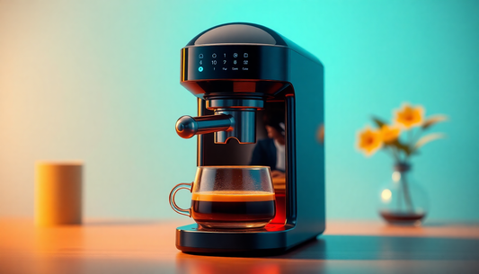 A smart AI coffee machine brewing fresh coffee