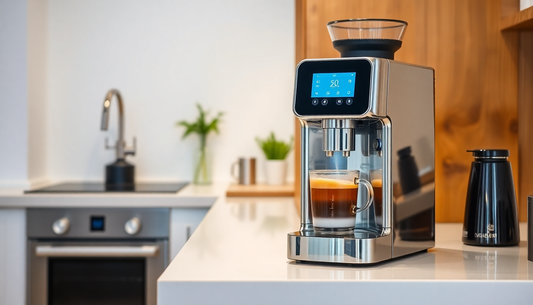 A smart coffee machine brewing coffee in a modern kitchen
