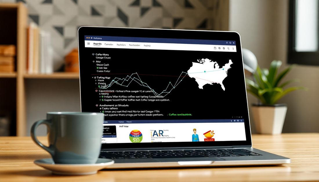 A laptop displaying coffee backlinks analysis with AI graphics