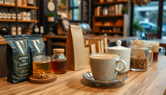 Luxury coffee, premium tea, and artisan hot chocolate setup in a cozy modern cafe.