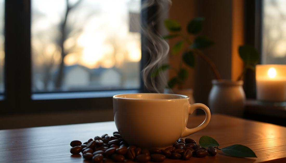 Steaming cup of coffee surrounded by coffee beans highlighting the health benefits of coffee