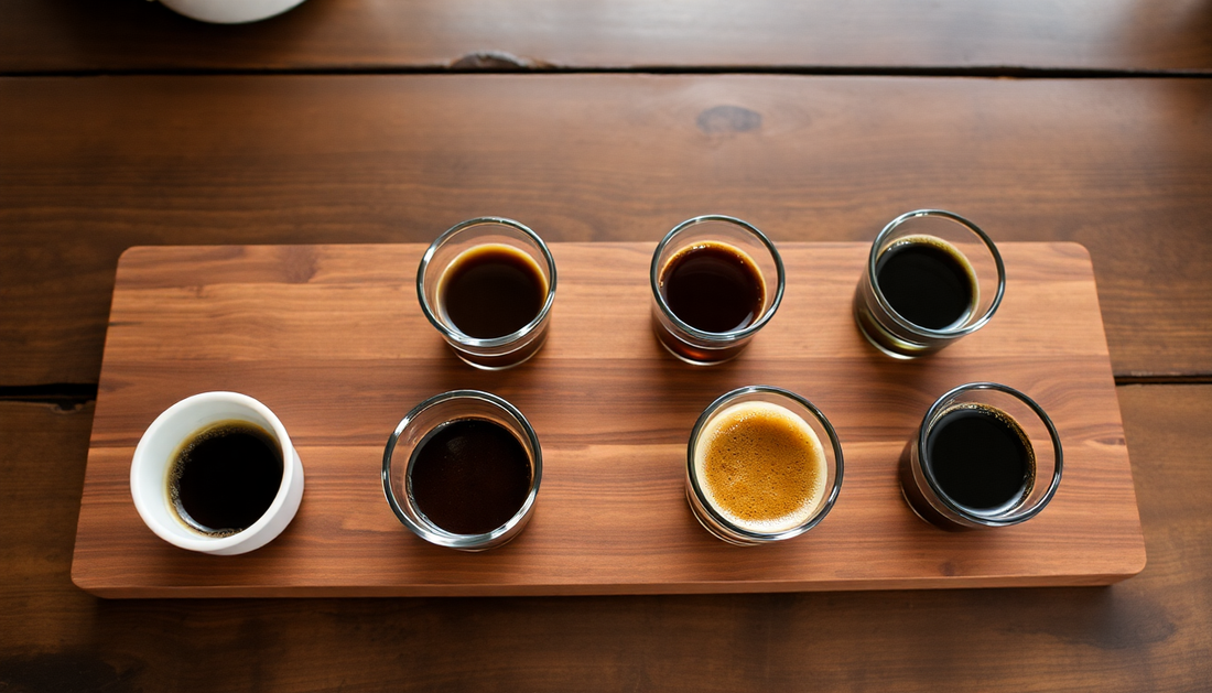 A tasting tray featuring diverse coffee samples from top coffee brands to try on a wooden surface