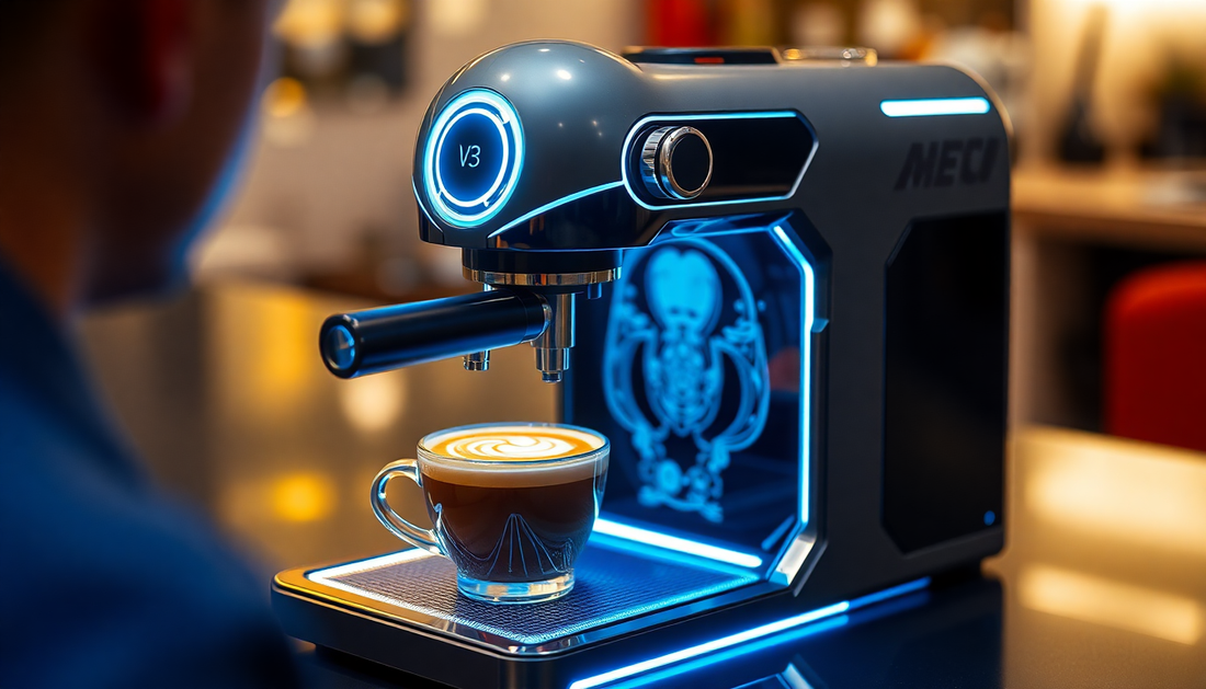 A futuristic coffee maker creating AI latte art