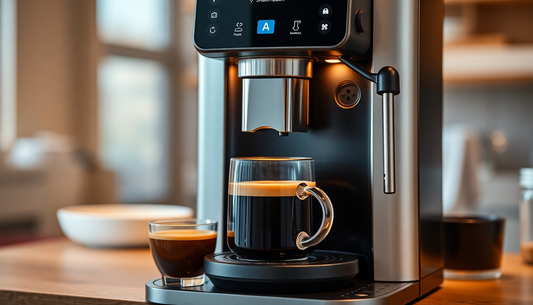 A smart coffee machine brewing coffee with AI interface
