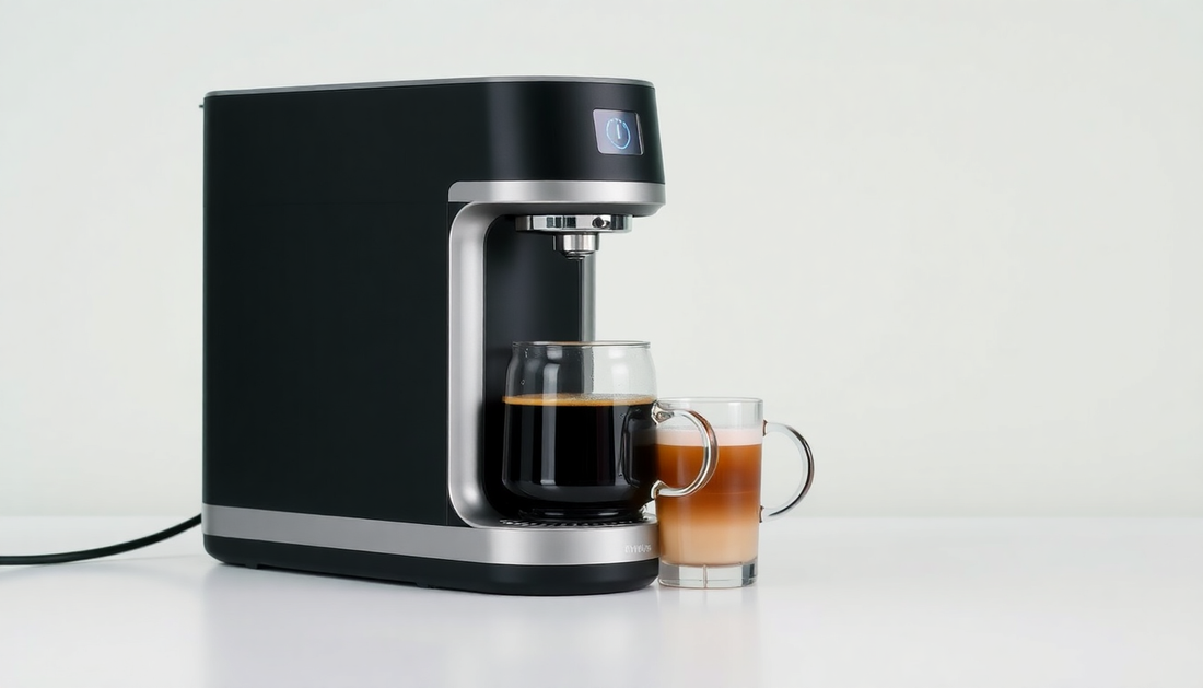 Modern coffee machine with two glass mugs, one with black coffee and one with layered latte
