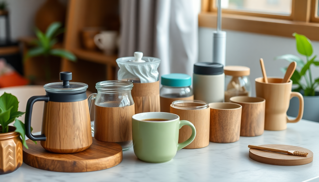 Collection of best eco coffee products UK including cups, jars, and coffee makers