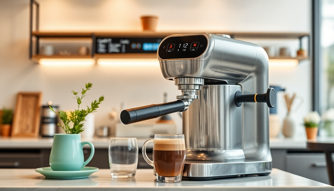 Modern espresso machine on kitchen counter with fresh coffee and glassware