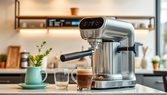 Modern espresso machine on kitchen counter with fresh coffee and glassware