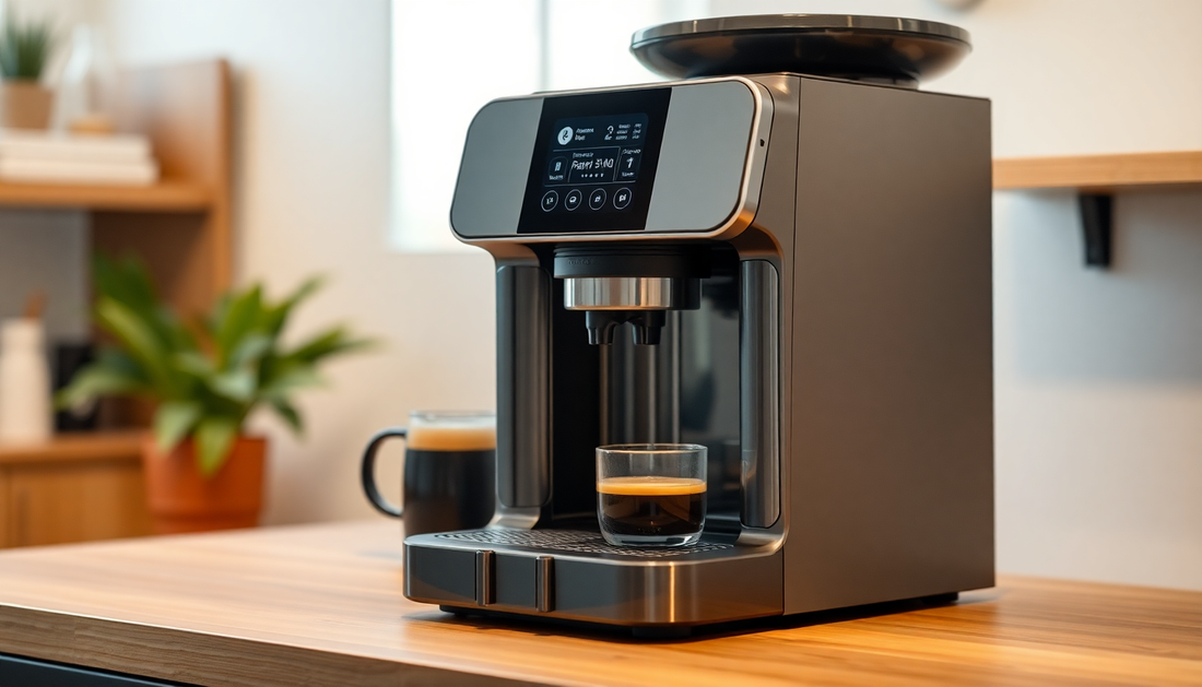 A smart coffee machine brewing coffee with AI interface