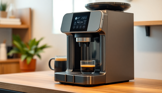 A smart coffee machine brewing coffee with AI interface