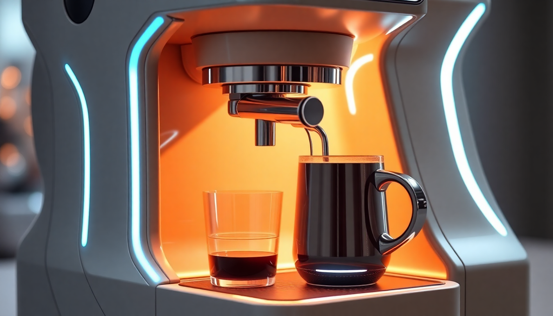 A futuristic coffee machine with AI technology brewing coffee