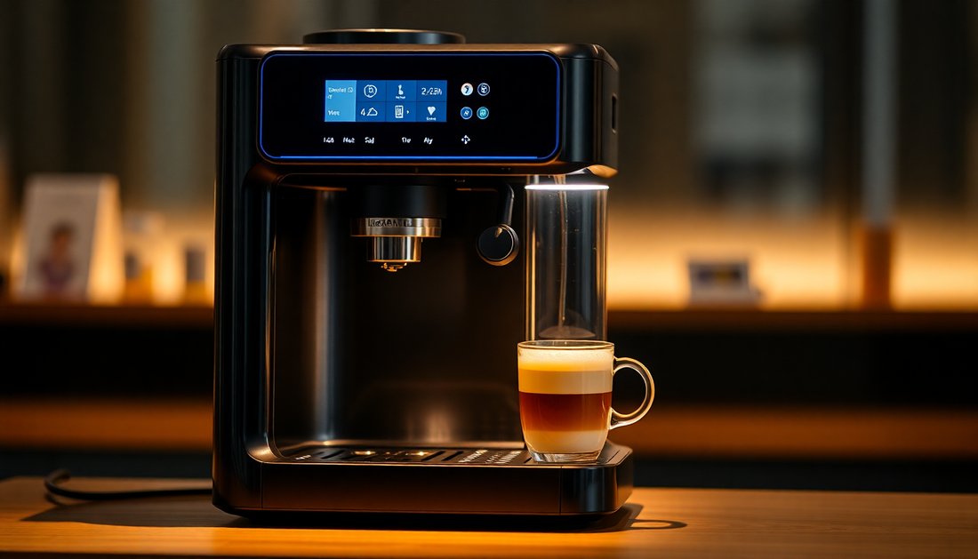 Modern automatic coffee machine with digital touch screen and layered cappuccino on wooden counter