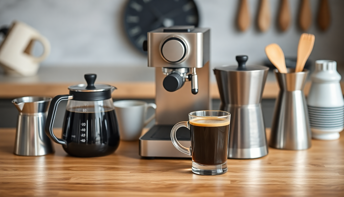 Modern coffee maker with glass carafe and a fresh cup of black coffee on a kitchen counter