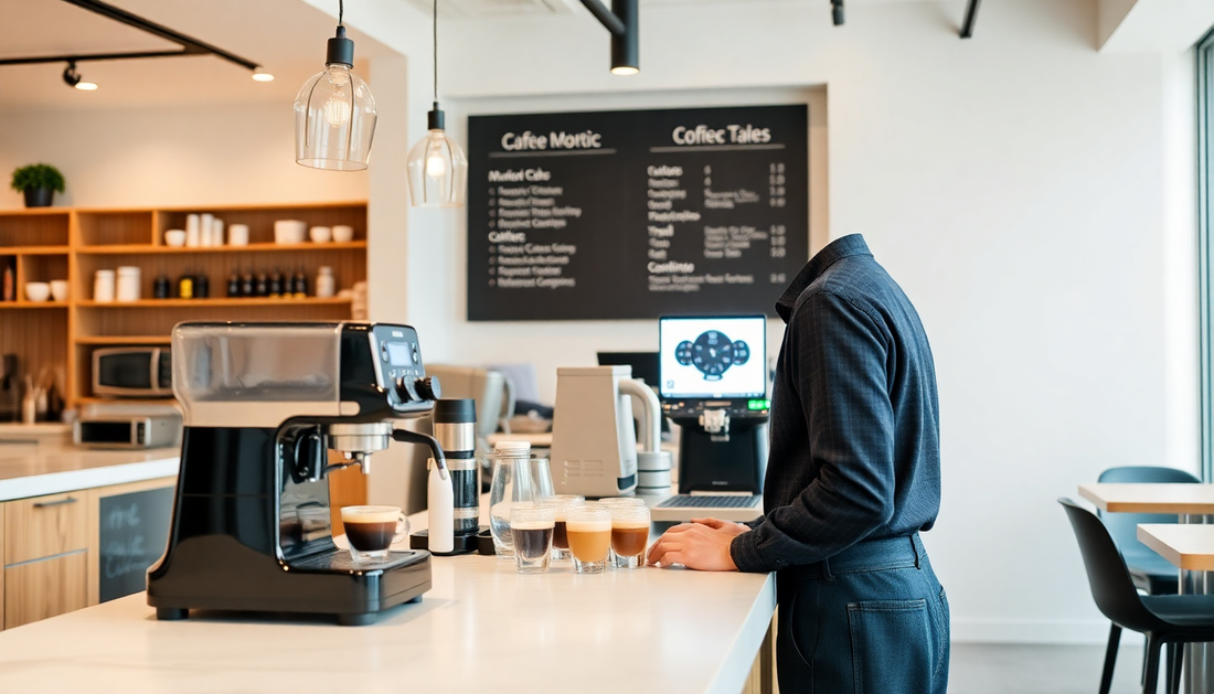 A modern cafe with AI-powered coffee brewing machines