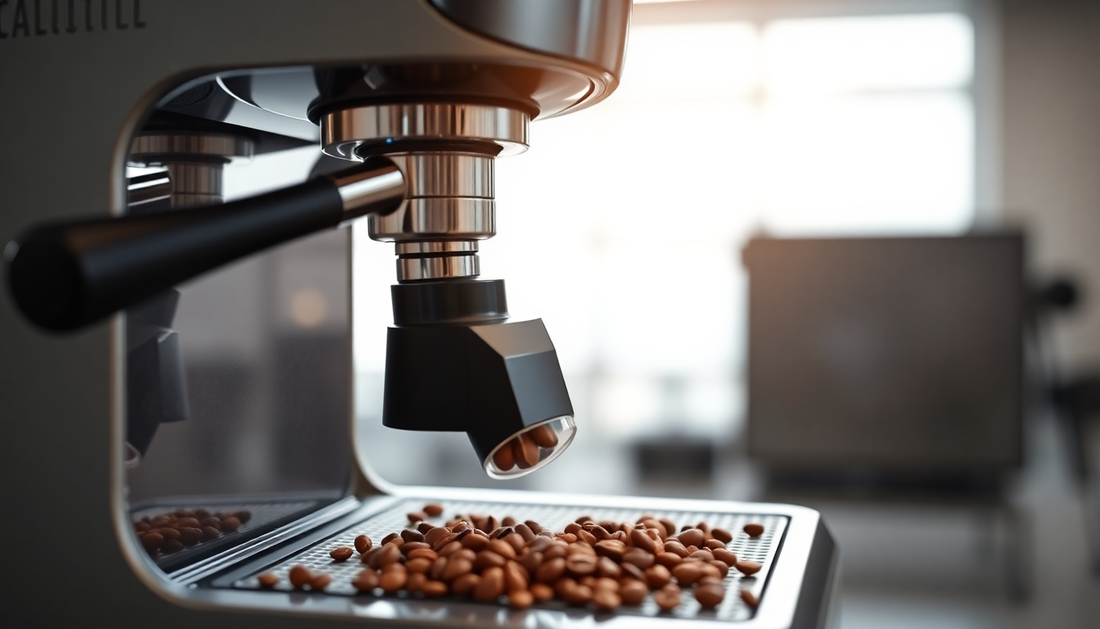 A futuristic coffee machine selecting beans using AI