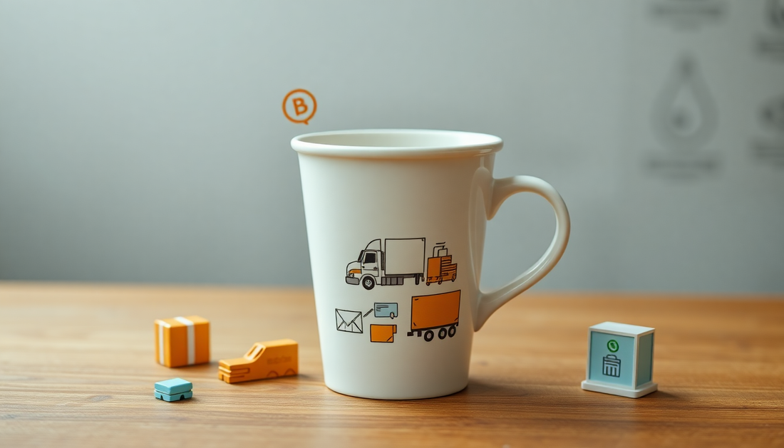 A coffee cup with logistics and marketing icons around