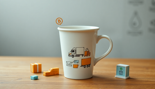 A coffee cup with logistics and marketing icons around