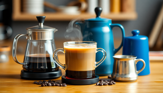 A collection of coffee brewing equipment showcasing the best coffee brewing techniques with steaming coffee in a glass cup