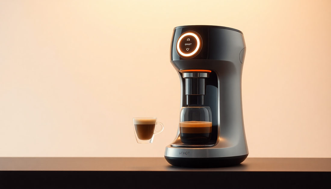 A futuristic smart coffee machine brewing personalized coffee