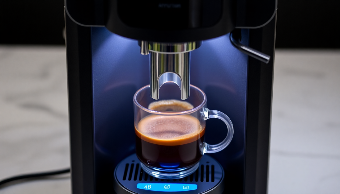 Modern espresso machine brewing fresh coffee into a clear glass cup on a marble countertop