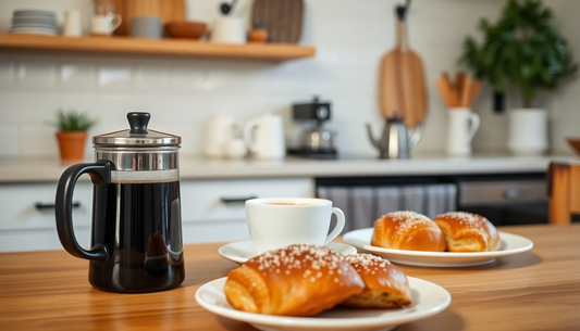 Brew-itCafe coffee recipes displayed with fresh coffee and pastries in a stylish kitchen setting