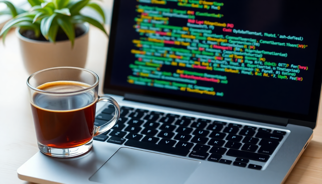 A cup of coffee next to a laptop with AI code