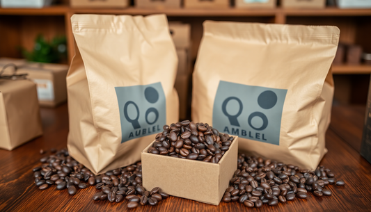 Coffee beans and shipping boxes on a wooden table
