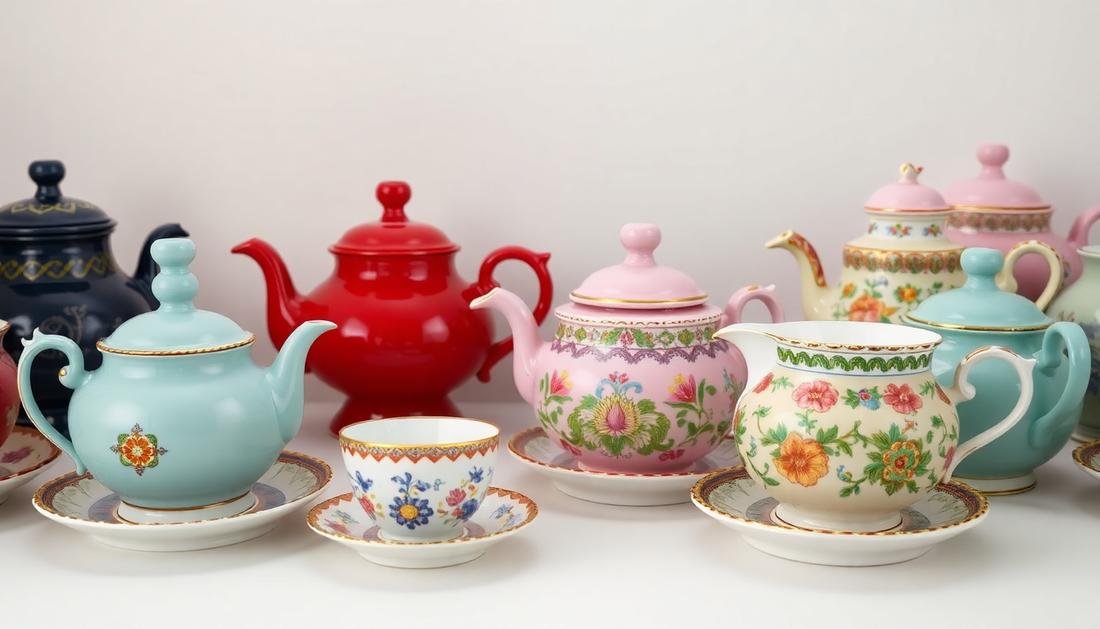 Colorful collection of teapots and cups representing a global tea journey through various styles