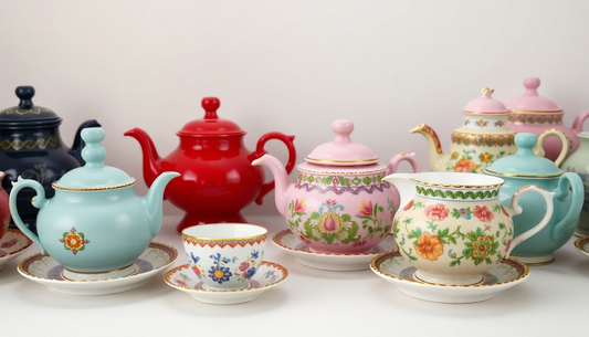 Colorful collection of teapots and cups representing a global tea journey through various styles