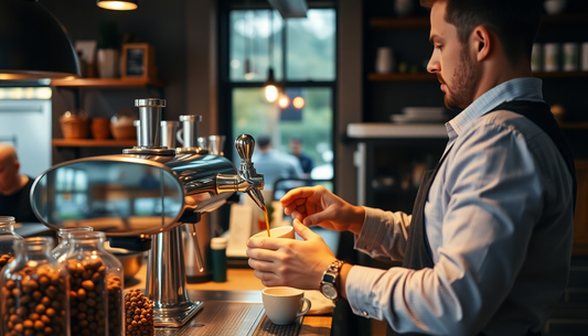 A barista pouring freshly roasted coffee in a cozy cafe