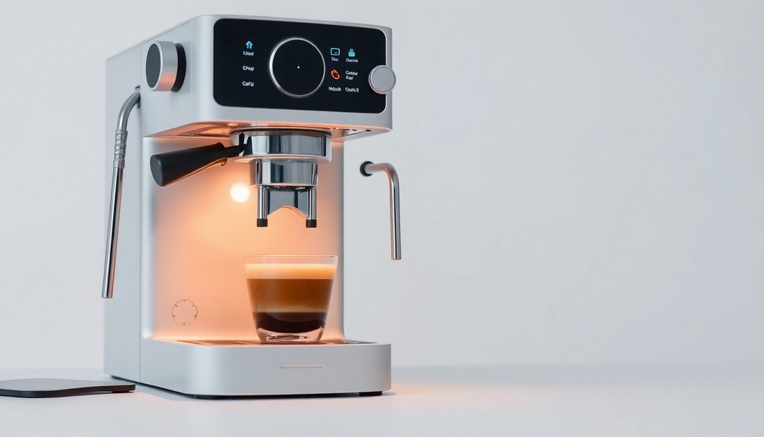 Modern espresso machine brewing layered coffee with steam wand on minimalist countertop