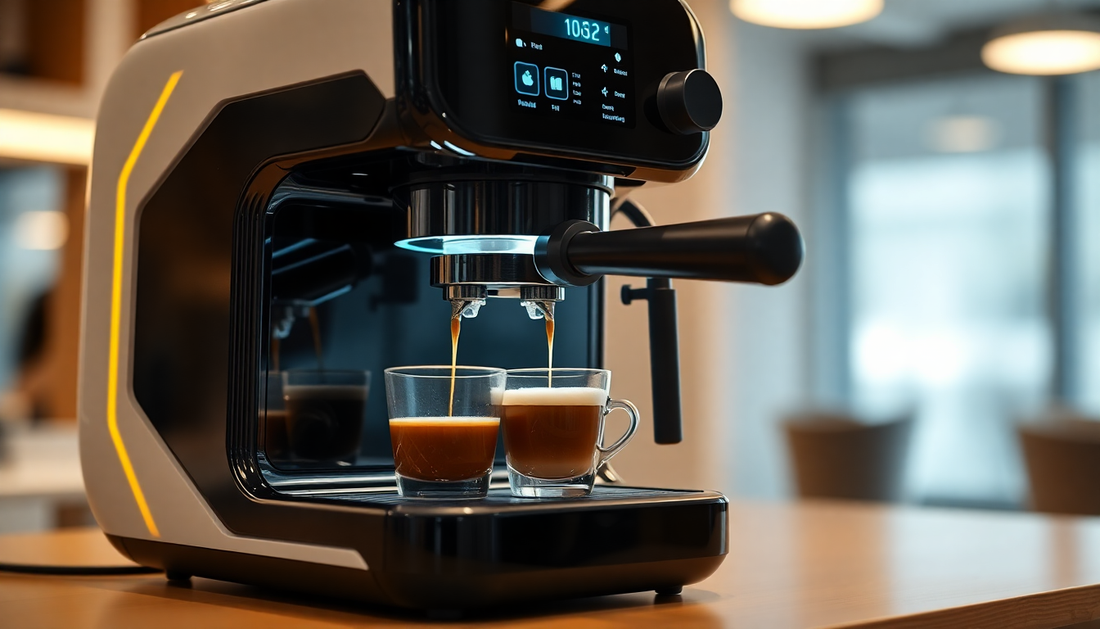 A futuristic coffee machine brewing with AI technology