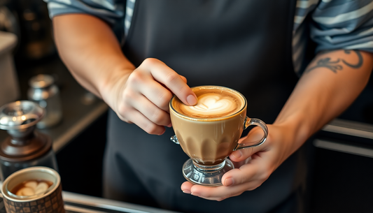 Barista creating latte art in a glass cup of fresh artisan coffee at a café counter.