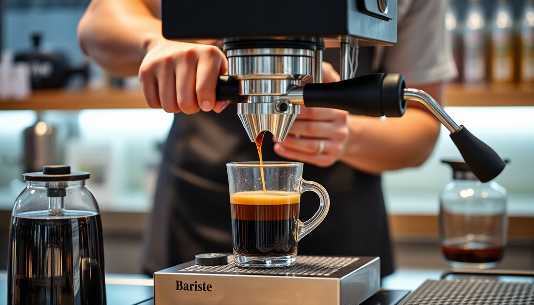 A barista brewing coffee with professional equipment