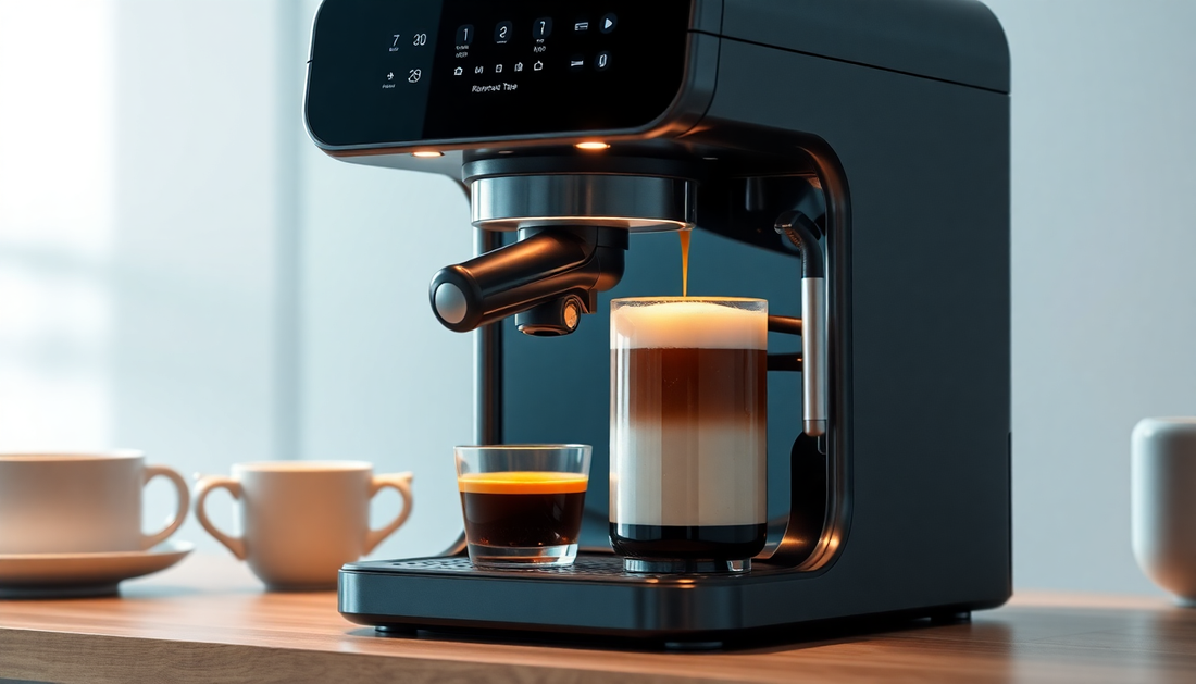 A sleek AI coffee machine brewing fresh coffee