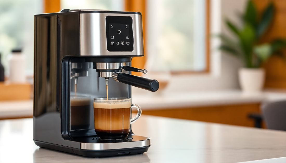Modern espresso machine brewing fresh coffee into glass cup on kitchen counter