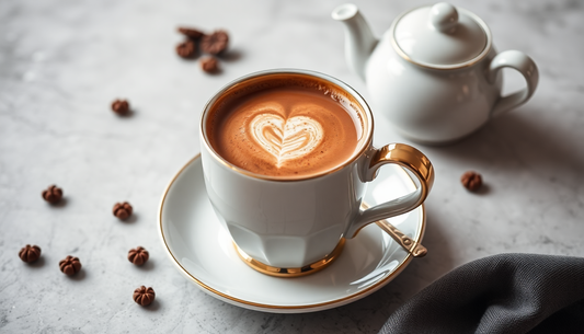Luxury coffee cup with heart latte art, gold trim, and teapot on marble table