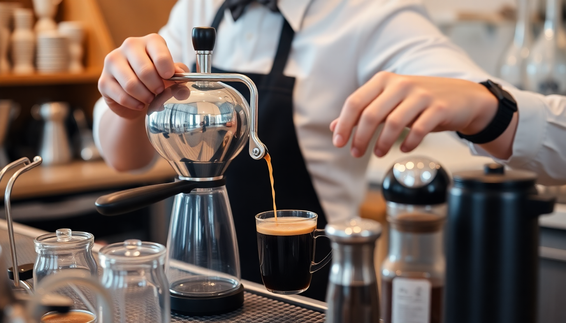 A barista preparing coffee using brewing equipment