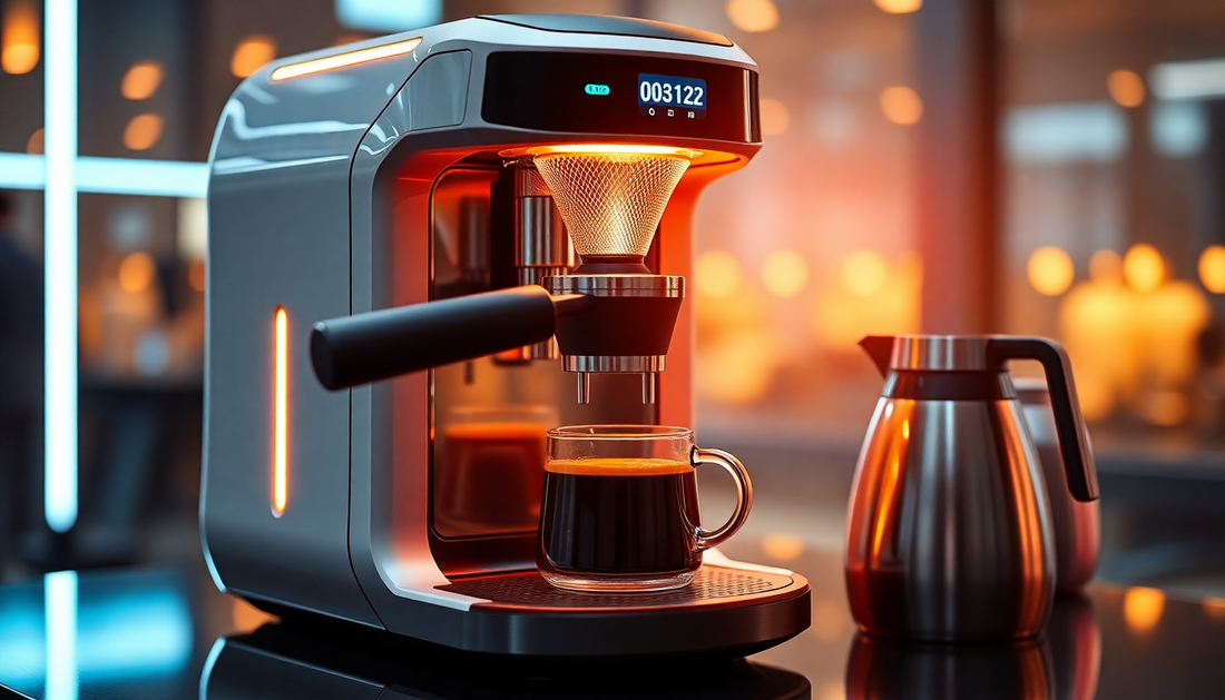 Modern espresso machine brewing fresh coffee with glass cup and metal carafe in cafe setting