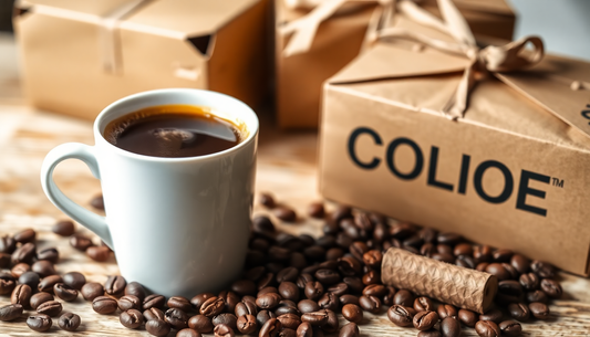 A coffee cup with coffee beans and delivery boxes