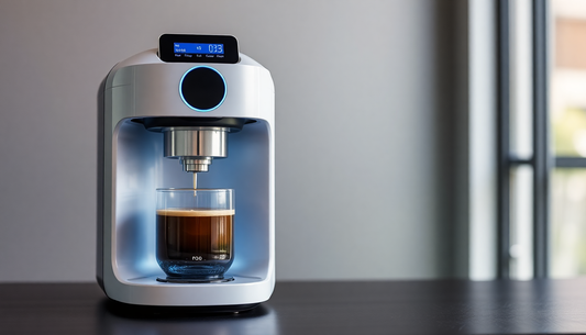 Modern coffee machine brewing fresh espresso into a glass cup on a kitchen counter