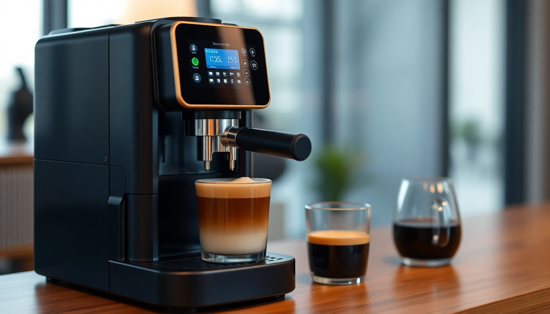 Modern coffee machine brewing layered cappuccino with espresso and black coffee on countertop