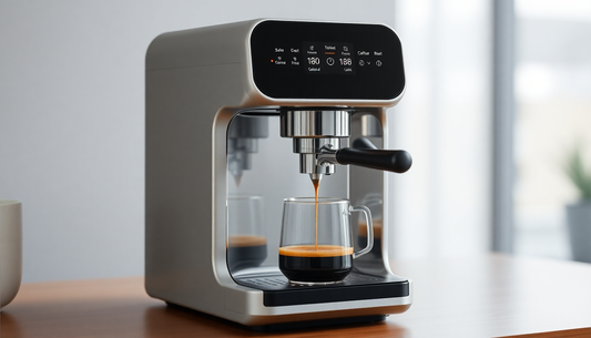 A sleek AI coffee machine brewing coffee