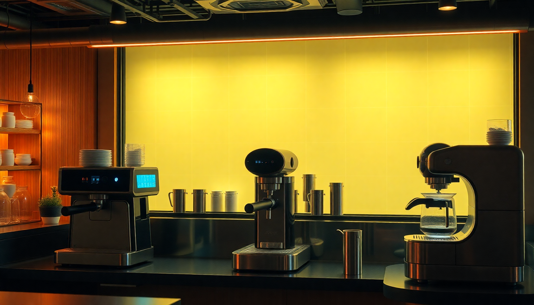 A futuristic coffee shop with AI brewing machines