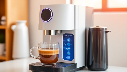 Modern espresso coffee machine brewing fresh coffee into a glass cup on a kitchen counter